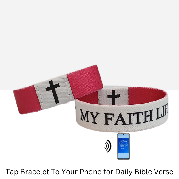 My Faith Life Bracelets Red and tap of phone shows bible My faith bracelets that shows daily new bible verses
