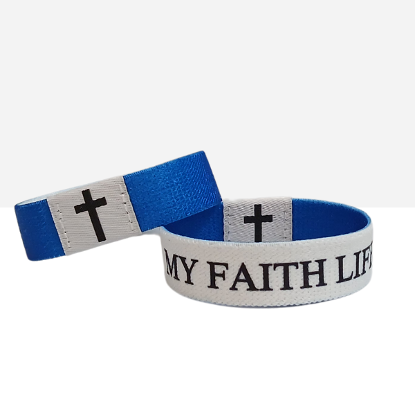 My Faith life two bracelet placed on each other that shows bible verses