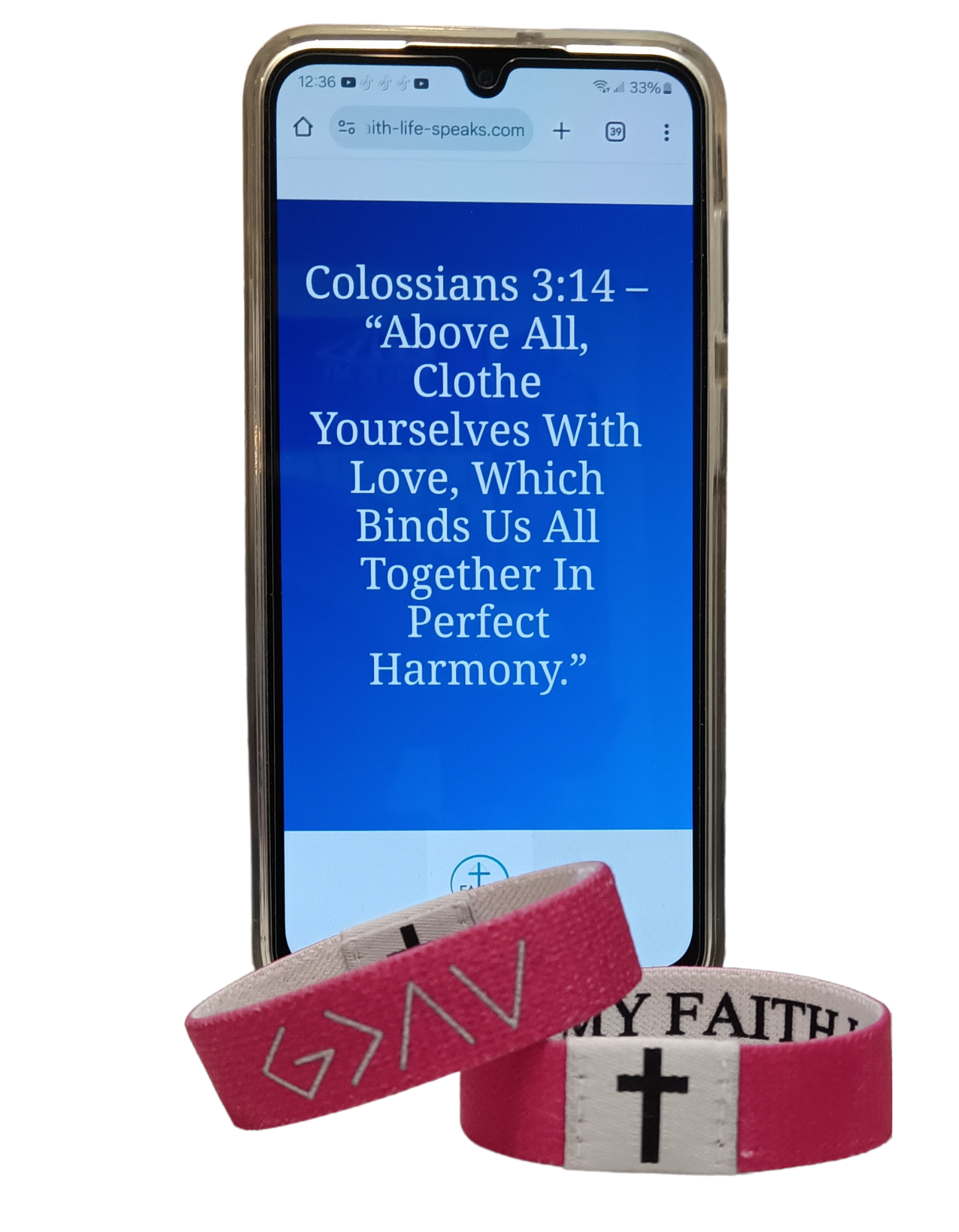 Showing verse of bible on phone with bracelet 